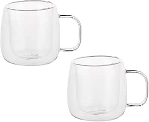 BYWORLD Double Walled Glass Coffee & Tea Mugs 320ml with Handle Pack of 2pcs for Tea Coffee Cappuchino Hot and Cold Drinks Beverages Double Walled Cups
