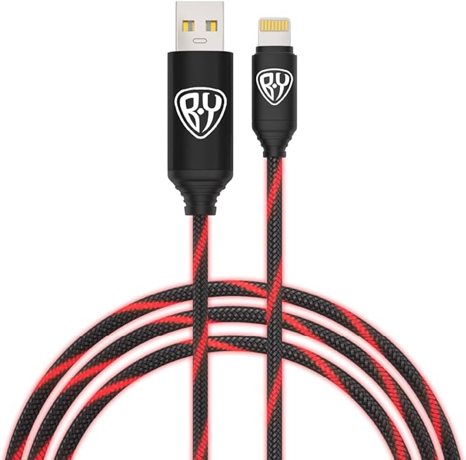 BYWORLD Original iP Cable with LED Red Light Flowing 1m, iP Charging Cable 2.4A, Data Transfer Charging Cable, Reinforced Braid (Red)