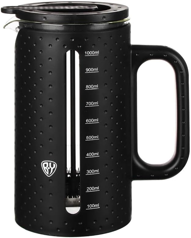 BYWORLD French Press Coffee & Tea Maker, 1000ml with Measuring Scale from 100ml to 1000ml, Stainless Steel, Black