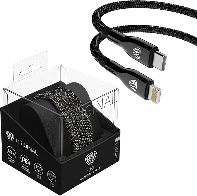 BYWORLD Premium Crystals Coated USB C to iP Charger Cable Compatible for iPhone 14/14 Pro/14 Plus/14 Pro Max, iPhone 13 Pro 12 Pro Max 11 XS 7 Plus 6S ipad in Gift Pack (Black Crystals)